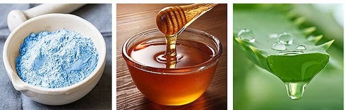 Blue clay, honey and aloe juice to treat back pain.